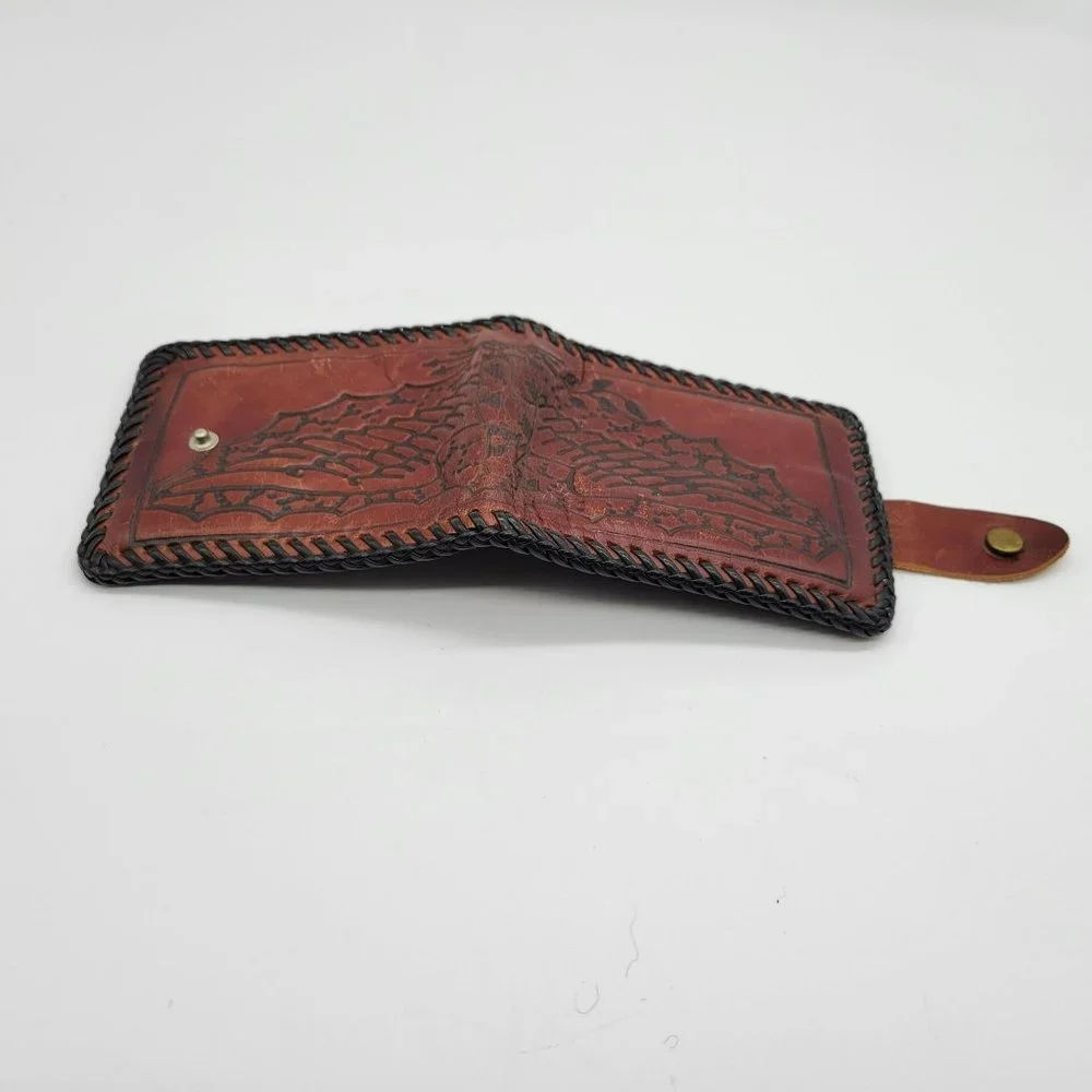Tooled Leather Wallet Eagle Wings Mexico Vintage Black Leather Whip Stitching